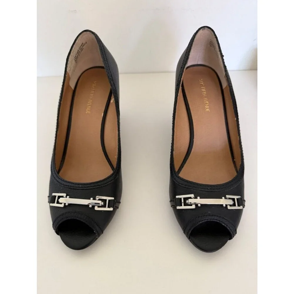 Saks Fifth Avenue Black Leather Peep Toe Wedge Heels 7M